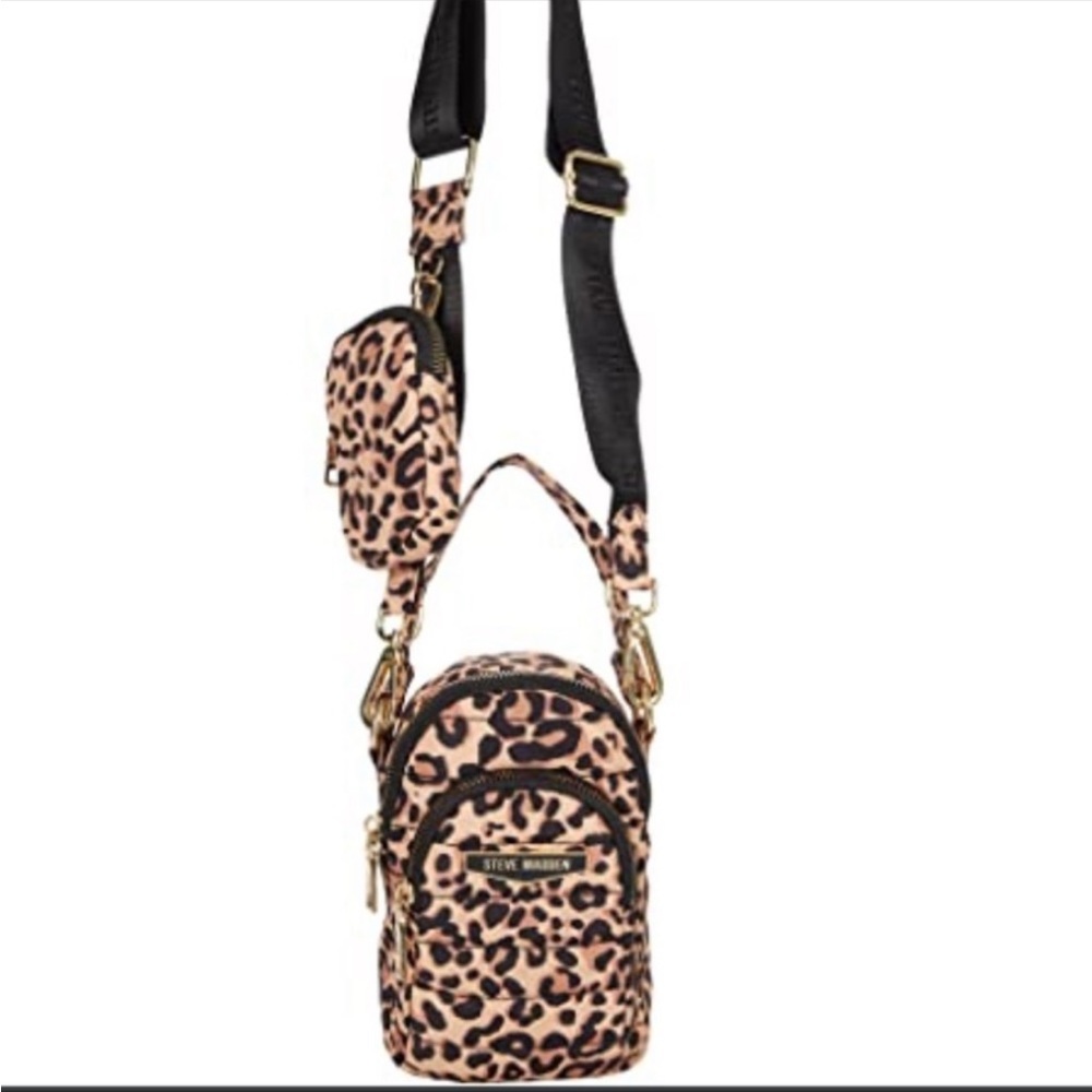 NEW! STEVE MADDEN Jenna Mini Crossbody Bag Detachable Pouch Strap Nylon Leopard